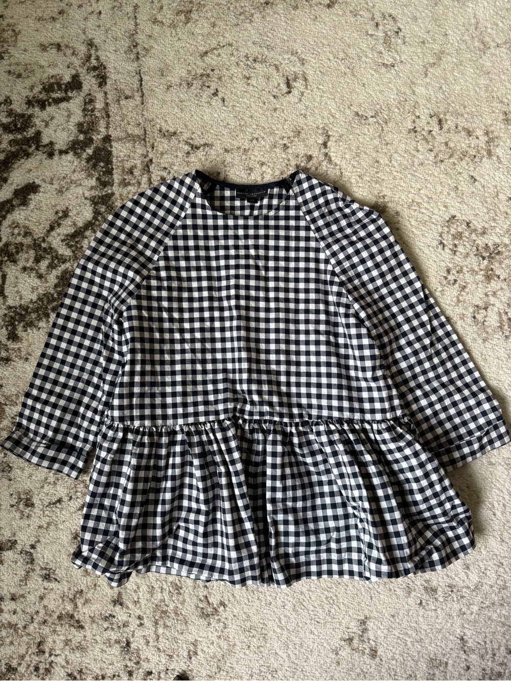 Victoria Beckham Black and White Gingham Peplum Blouse